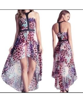 bebe Strapless High-Low Animal Print Dress in Pink, Purple, Teal and Black